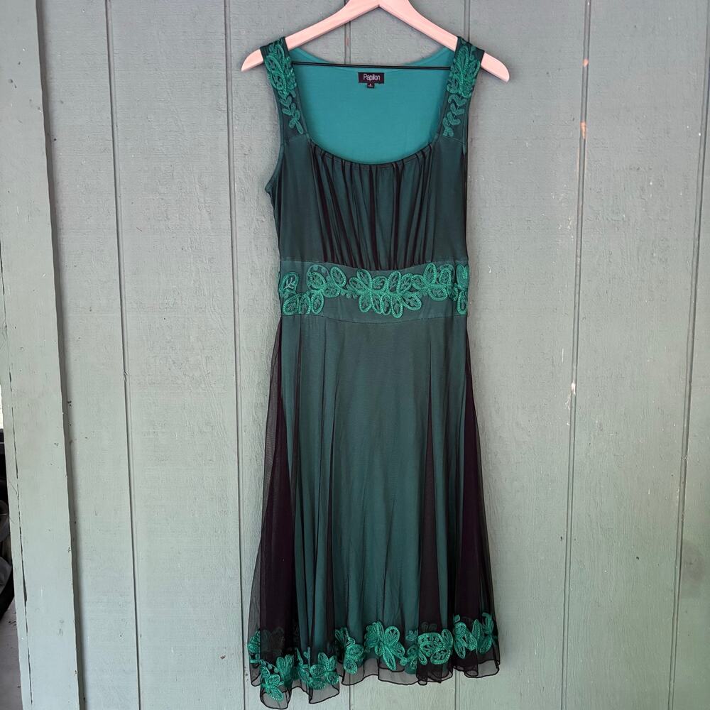 Y2K Emerald Green Embroidery Fairycore Midi Dress Whimsygoth Dark Romantic Sz S - Picture 3 of 6